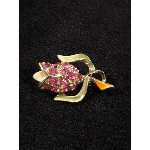 Vintage Pink Rhinestone Pave Tulip Flower Gold Tone Pin Brooch - Picture 4 of 6
